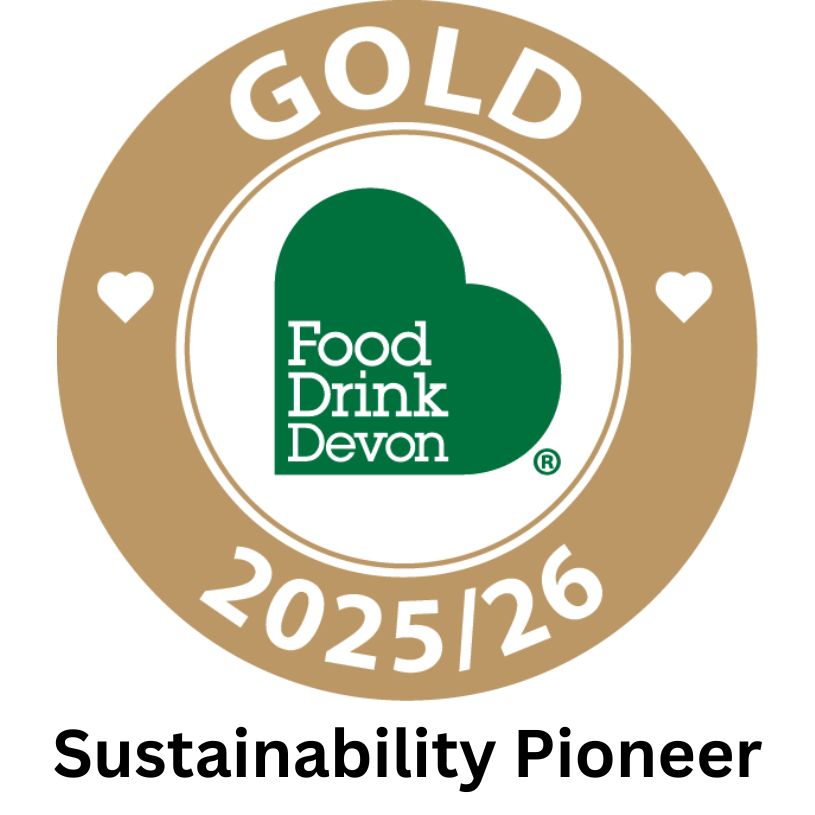 Gold award badge for Food Drink Devon Sustainability Pioneer 2025/26 